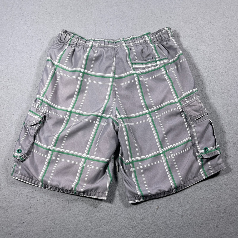 Ocean Pacific Plaid Board Shorts Men Medium Grey Green Cargo Swim Trunks Vintage - Picture 8 of 9